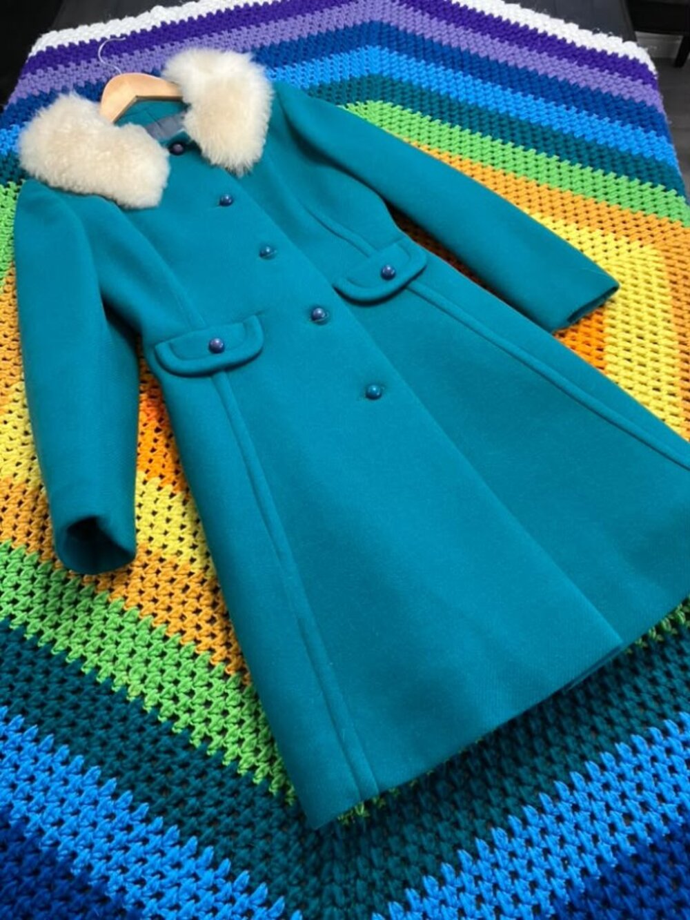 60's Vintage Teal Blue Green White Fur Collar Mod Peacoat Coat Jacket